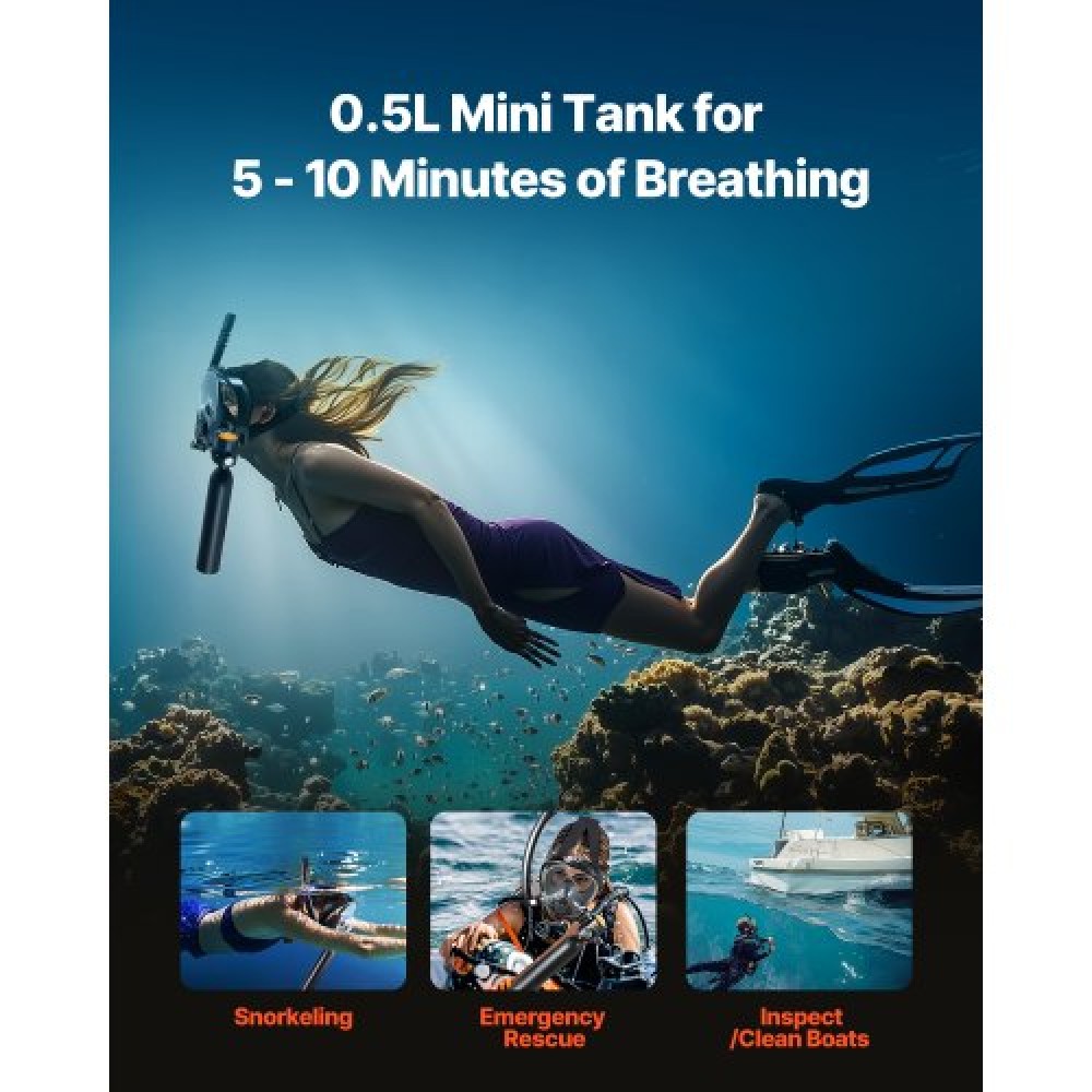 VEVOR 0.5L Scuba Tank 32.81 ft Diving Depth Portable Diving Tank with Pump