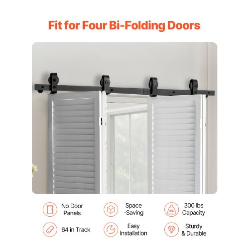 VEVOR Bi-folding Sliding Door Barn Hardware Track Kit, 64" Top Mount Track Kit, σύρεται ομαλά και αθόρυβα, βαρέως τύπου, εύκολο στην εγκατάσταση, κατάλληλο για τέσσερις πόρτες ντουλαπιών 15" ντουλαπιών πλυντηρίου ρούχων (Δεν περιλαμβάνονται)