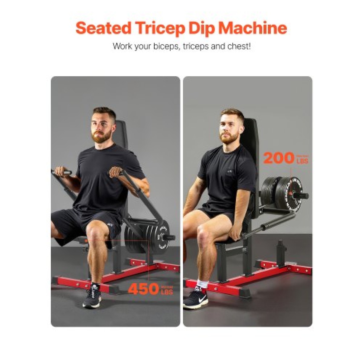 VEVOR Seated Dip Machine, Tricep Bicep Press Down Machine με καλωδιακή ράβδο, ρυθμιζόμενο κάθισμα και πλάτη, εξοπλισμός άσκησης για προπόνηση στήθους, γυμναστική άσκηση ώθησης άνω μέρους σώματος, κράτημα έως 450 LBS