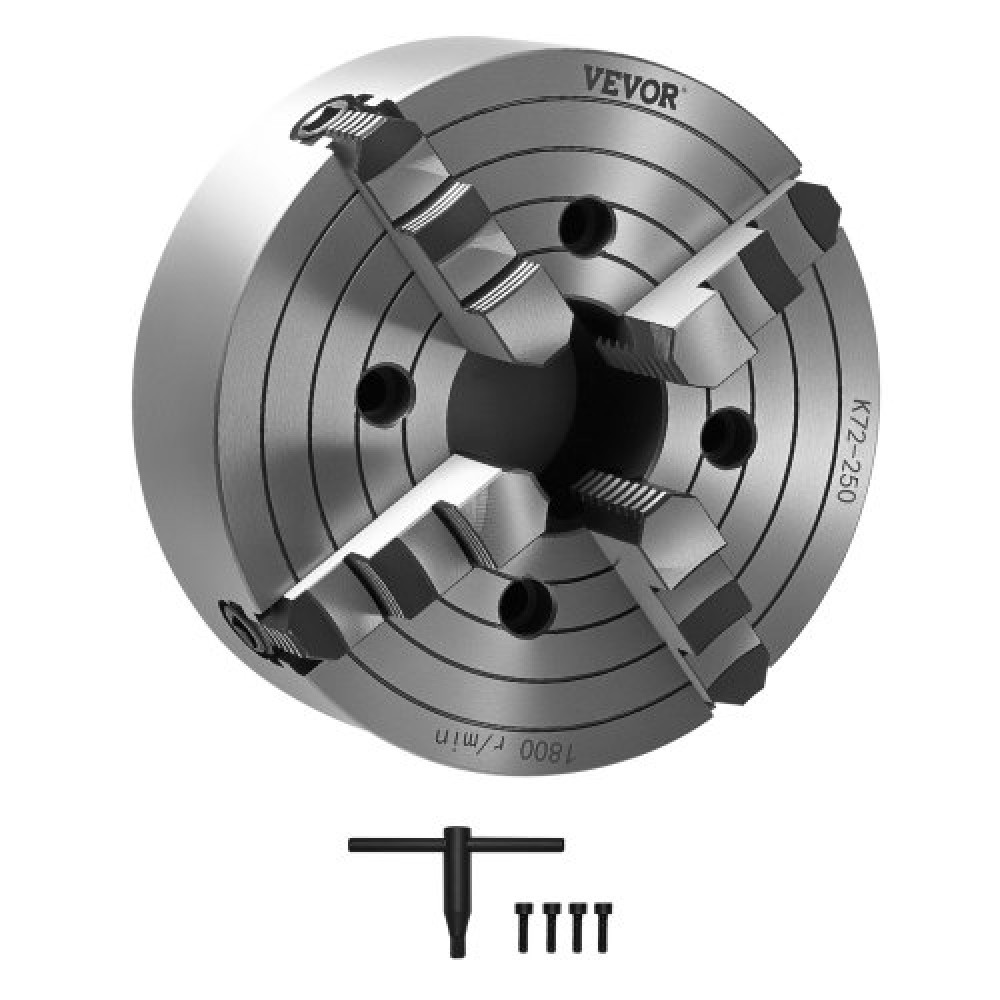 Τσοκ τόρνου VEVOR 4 σιαγόνων, 10 ιντσών (250 mm), τσοκ τόρνου, 0,6-9,84 ιντσών (15-250 mm) Εύρος σύσφιξης με βίδες στερέωσης με κλειδί T Αναστρέψιμες σιαγόνες, υλικό από χυτοσίδηρο HT300, Εσωτερικό εξωτερικό για μεταλλικό τόρνο ξύλου