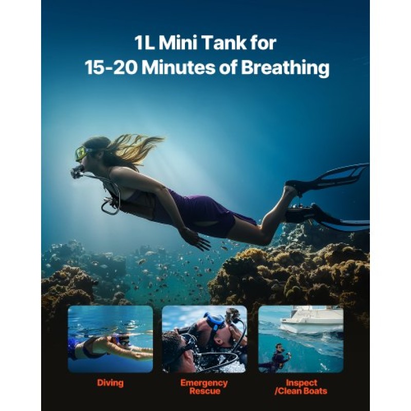 VEVOR 1L Scuba Tank 98.43 ft Diving Depth Refillable Snorkel Air Tank with Pump