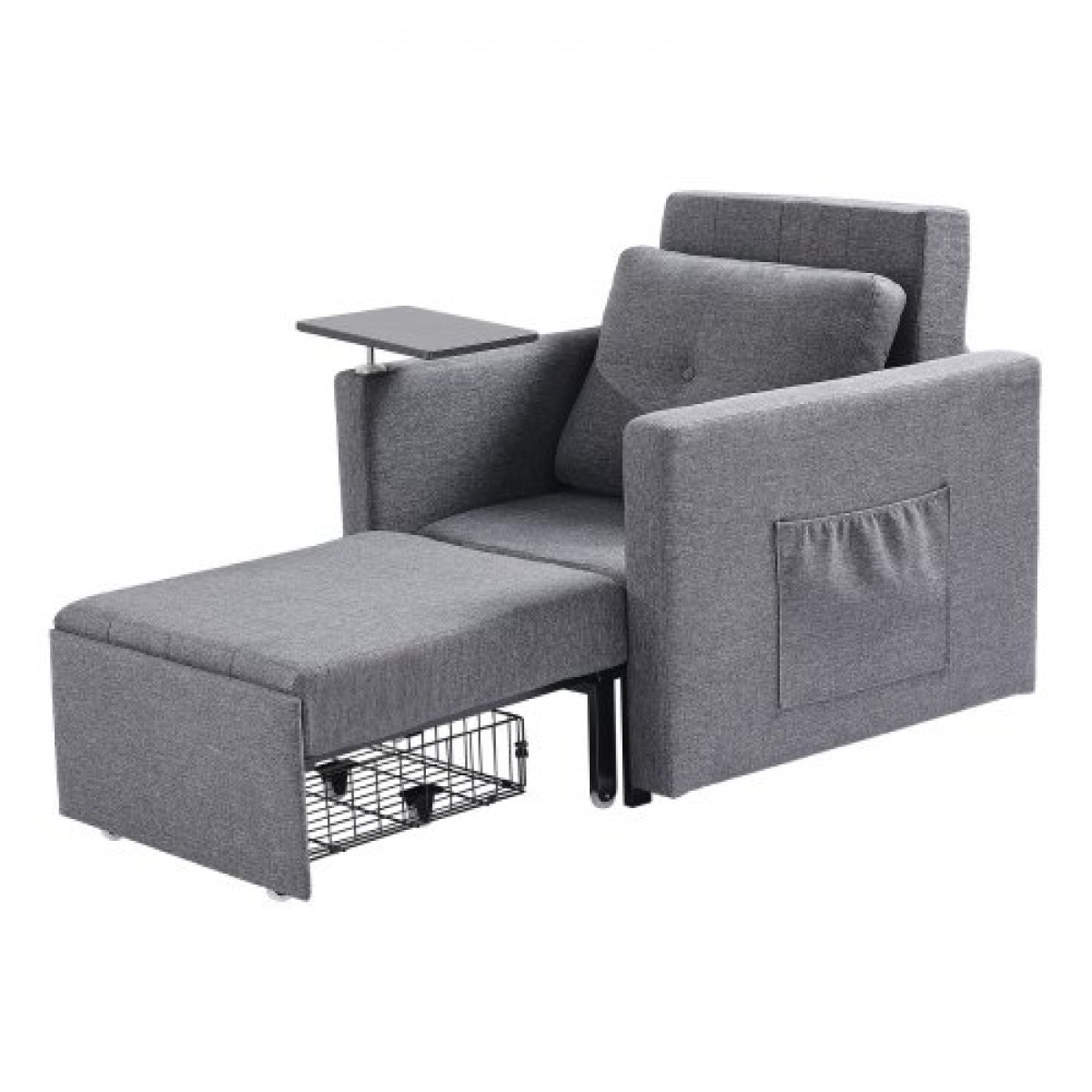 VEVOR Sleeper Καναπές-κρεβάτι, Μετατρέψιμο κρεβάτι ύπνου με πλαϊνή τσέπη, μαξιλάρι, υποβραχιόνιο και επιτραπέζια σανίδα, πλάτη με 5 ρυθμιζόμενες γωνίες, καναπές μονό συρόμενο με 2 ρόδες και χώρο αποθήκευσης στο κάτω μέρος, γκρι