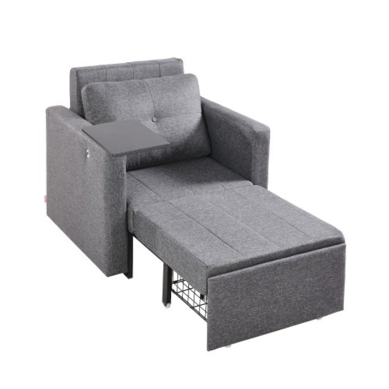 VEVOR Sleeper Καναπές-κρεβάτι, Μετατρέψιμο κρεβάτι ύπνου με πλαϊνή τσέπη, μαξιλάρι, υποβραχιόνιο και επιτραπέζια σανίδα, πλάτη με 5 ρυθμιζόμενες γωνίες, καναπές μονό συρόμενο με 2 ρόδες και χώρο αποθήκευσης στο κάτω μέρος, γκρι