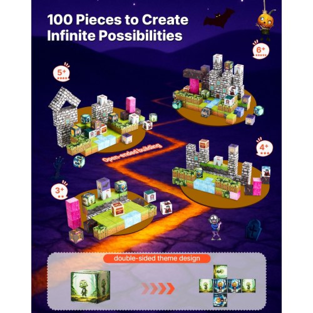 VEVOR Magnetic Blocks, 100 PCS Cemetery Zombies Set, Magnetic Building Cubes for Children, STEM Montessori Sensory Toys for Christmas Christmas Gift, Construction Stacking Toy for 3+ years Old boys and girls