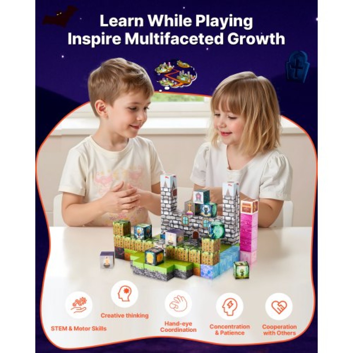 VEVOR Magnetic Blocks, 100 PCS Cemetery Zombies Set, Magnetic Building Cubes for Children, STEM Montessori Sensory Toys for Christmas Christmas Gift, Construction Stacking Toy for 3+ years Old boys and girls