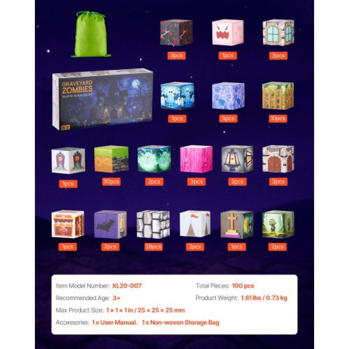 VEVOR Magnetic Blocks, 100 PCS Cemetery Zombies Set, Magnetic Building Cubes for Children, STEM Montessori Sensory Toys for Christmas Christmas Gift, Construction Stacking Toy for 3+ years Old boys and girls