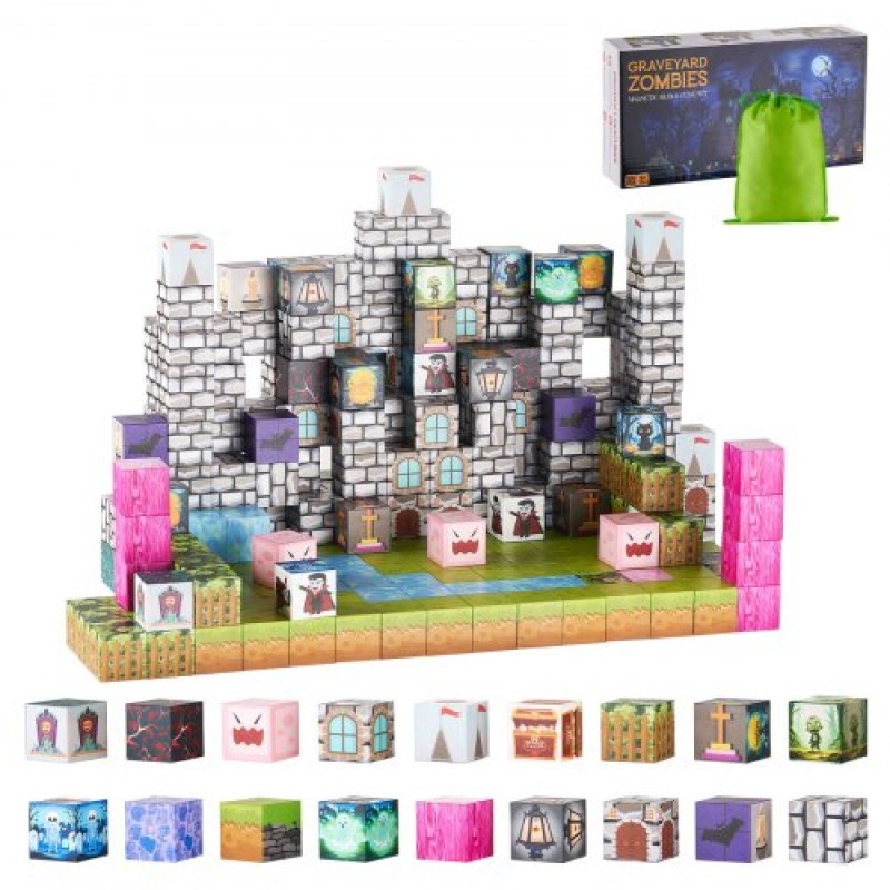 VEVOR Magnetic Blocks, 100 PCS Cemetery Zombies Set, Magnetic Building Cubes for Children, STEM Montessori Sensory Toys for Christmas Christmas Gift, Construction Stacking Toy for 3+ years Old boys and girls