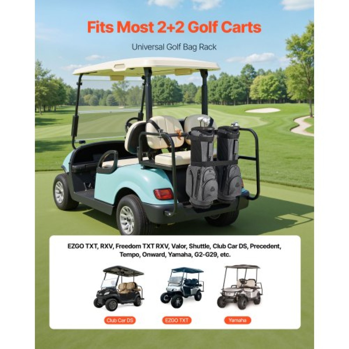 Βάση τσάντας VEVOR Golf Cart, 1370 x 195 x 60,5 mm, Συμβατή με τα περισσότερα πίσω κάθισμα 2+2 καροτσιών γκολφ με τετράγωνους σωλήνες 1,2 ιντσών, ρυθμιζόμενη βάση για καρότσια πίσω καθίσματος με ιμάντα, δεν απαιτείται τρύπημα