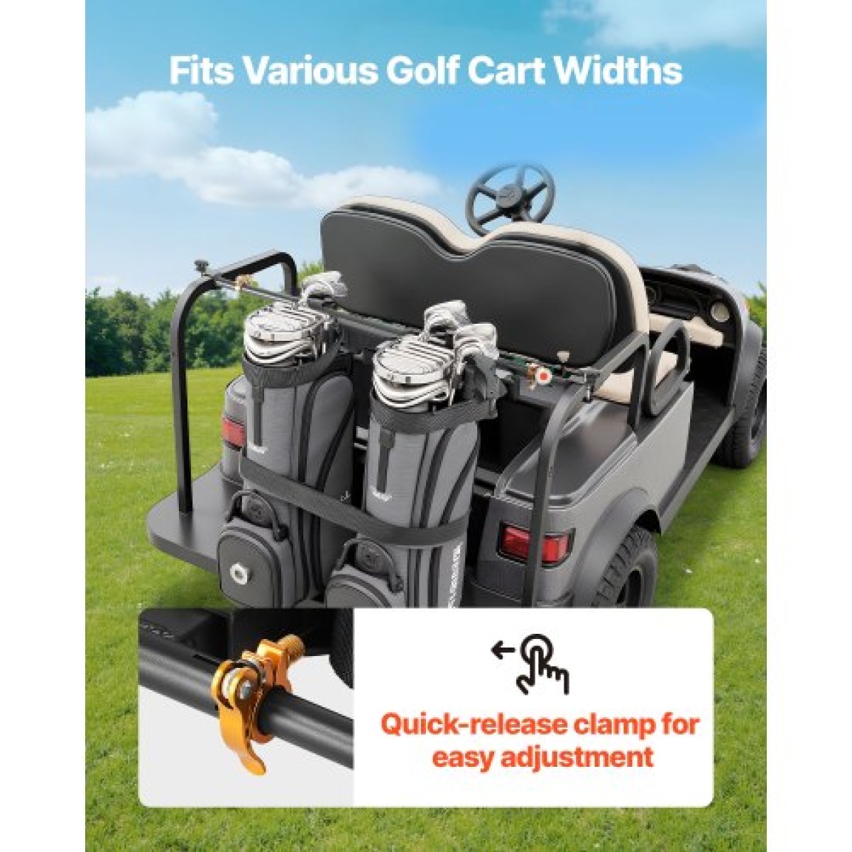Βάση τσάντας VEVOR Golf Cart, 1370 x 195 x 60,5 mm, Συμβατή με τα περισσότερα πίσω κάθισμα 2+2 καροτσιών γκολφ με τετράγωνους σωλήνες 1,2 ιντσών, ρυθμιζόμενη βάση για καρότσια πίσω καθίσματος με ιμάντα, δεν απαιτείται τρύπημα