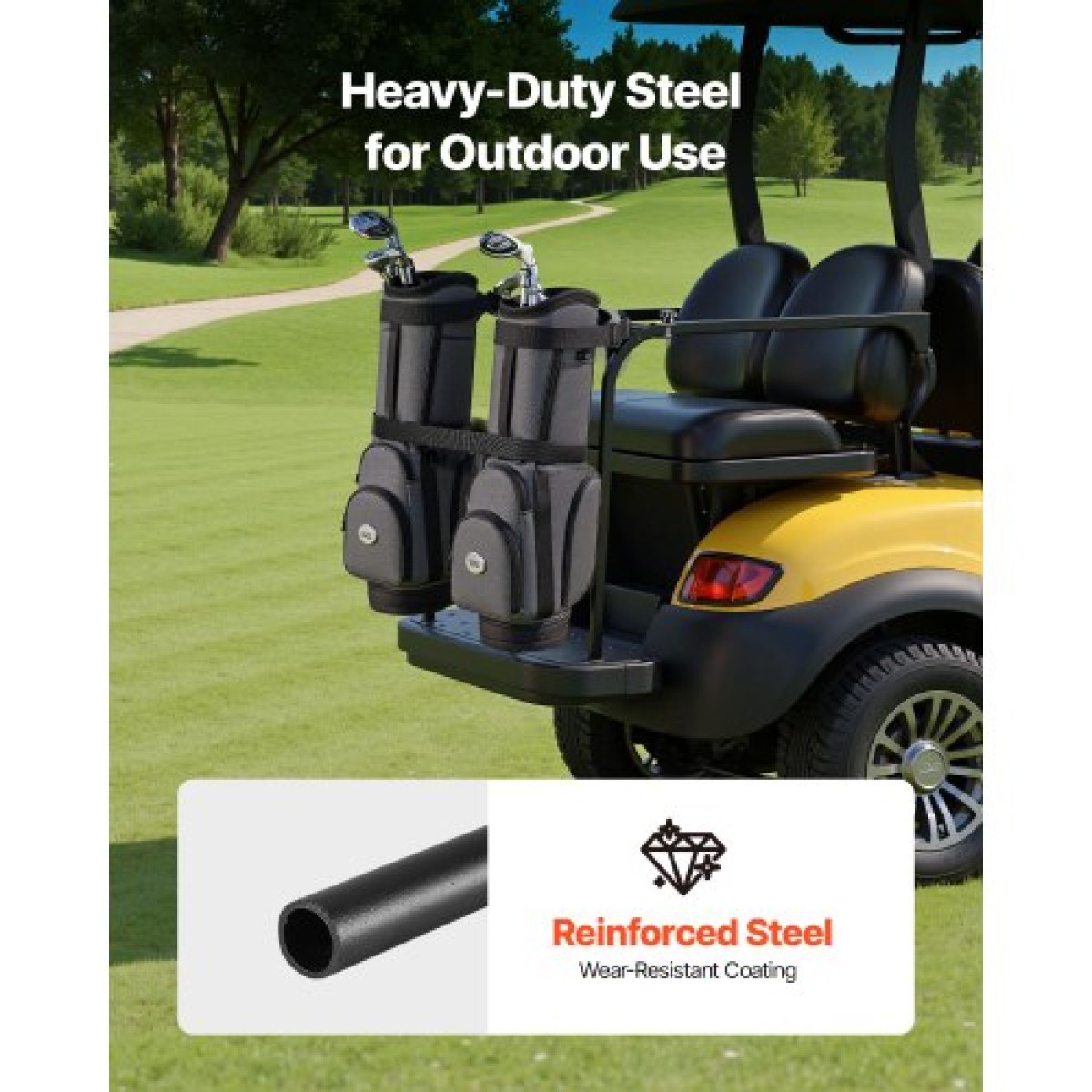 Βάση τσάντας VEVOR Golf Cart, 1370 x 195 x 60,5 mm, Συμβατή με τα περισσότερα πίσω κάθισμα 2+2 καροτσιών γκολφ με τετράγωνους σωλήνες 1,2 ιντσών, ρυθμιζόμενη βάση για καρότσια πίσω καθίσματος με ιμάντα, δεν απαιτείται τρύπημα