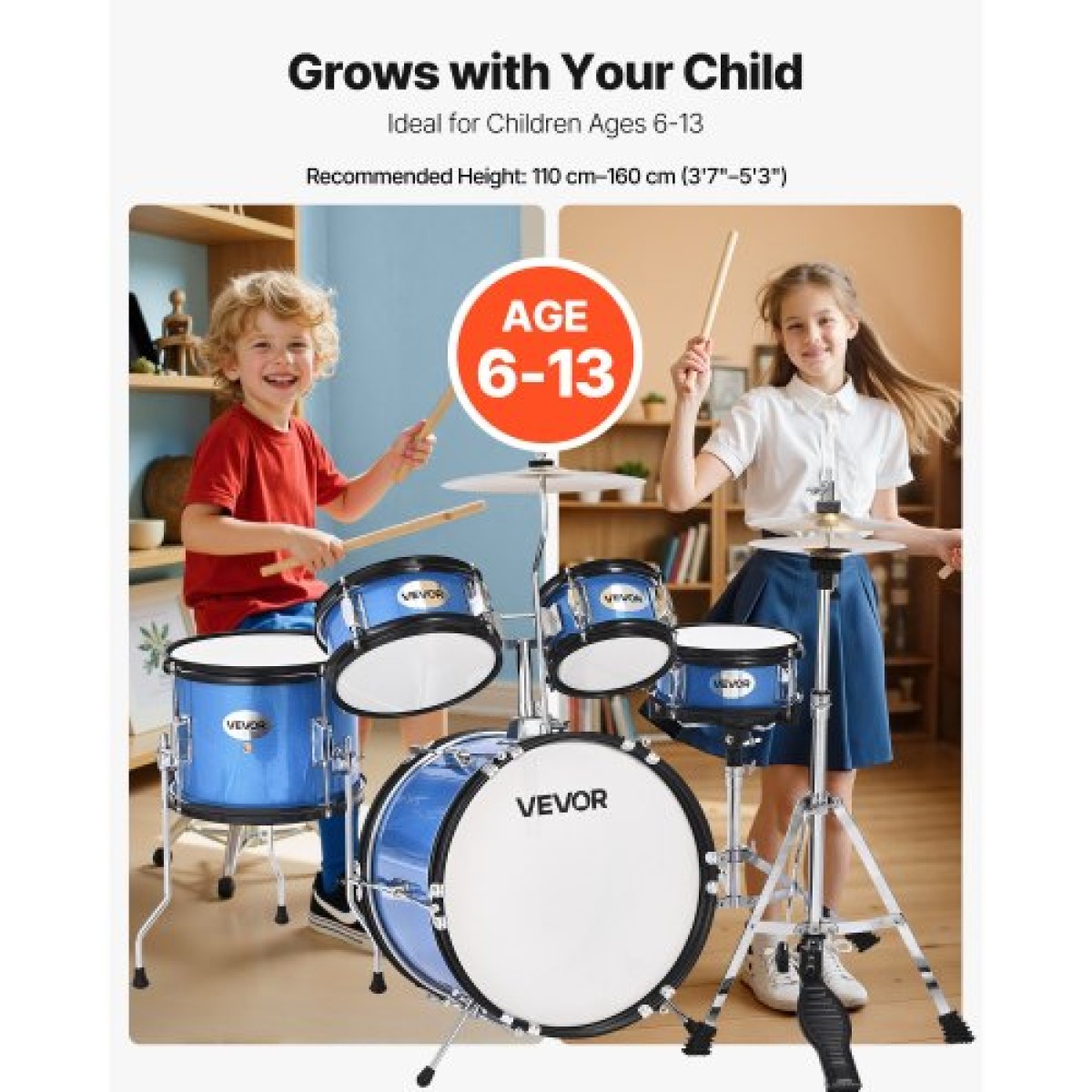 VEVOR Kids Drum Set, 5 τεμαχίων 14 ιντσών / 355,6 mm Junior Drum Set, Σετ τύμπανων για αρχάριους με ρυθμιζόμενο θρόνο και δύο ζευγάρια τύμπανα, κιτ οργάνων για τύμπανα μουσικής εκμάθησης, για παιδιά 6-13 ετών (Μπλε)