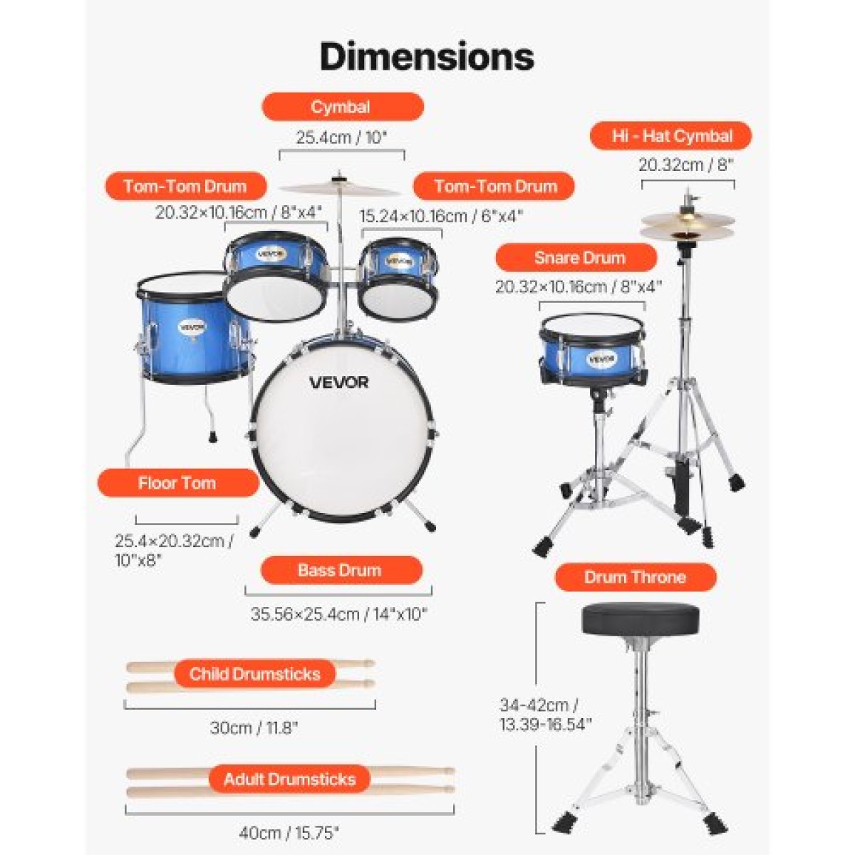 VEVOR Kids Drum Set, 5 τεμαχίων 14 ιντσών / 355,6 mm Junior Drum Set, Σετ τύμπανων για αρχάριους με ρυθμιζόμενο θρόνο και δύο ζευγάρια τύμπανα, κιτ οργάνων για τύμπανα μουσικής εκμάθησης, για παιδιά 6-13 ετών (Μπλε)