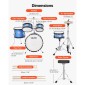 VEVOR Kids Drum Set, 5 τεμαχίων 14 ιντσών / 355,6 mm Junior Drum Set, Σετ τύμπανων για αρχάριους με ρυθμιζόμενο θρόνο και δύο ζευγάρια τύμπανα, κιτ οργάνων για τύμπανα μουσικής εκμάθησης, για παιδιά 6-13 ετών (Μπλε)