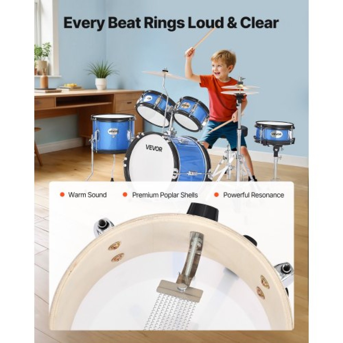 VEVOR Kids Drum Set, 5 τεμαχίων 14 ιντσών / 355,6 mm Junior Drum Set, Σετ τύμπανων για αρχάριους με ρυθμιζόμενο θρόνο και δύο ζευγάρια τύμπανα, κιτ οργάνων για τύμπανα μουσικής εκμάθησης, για παιδιά 6-13 ετών (Μπλε)
