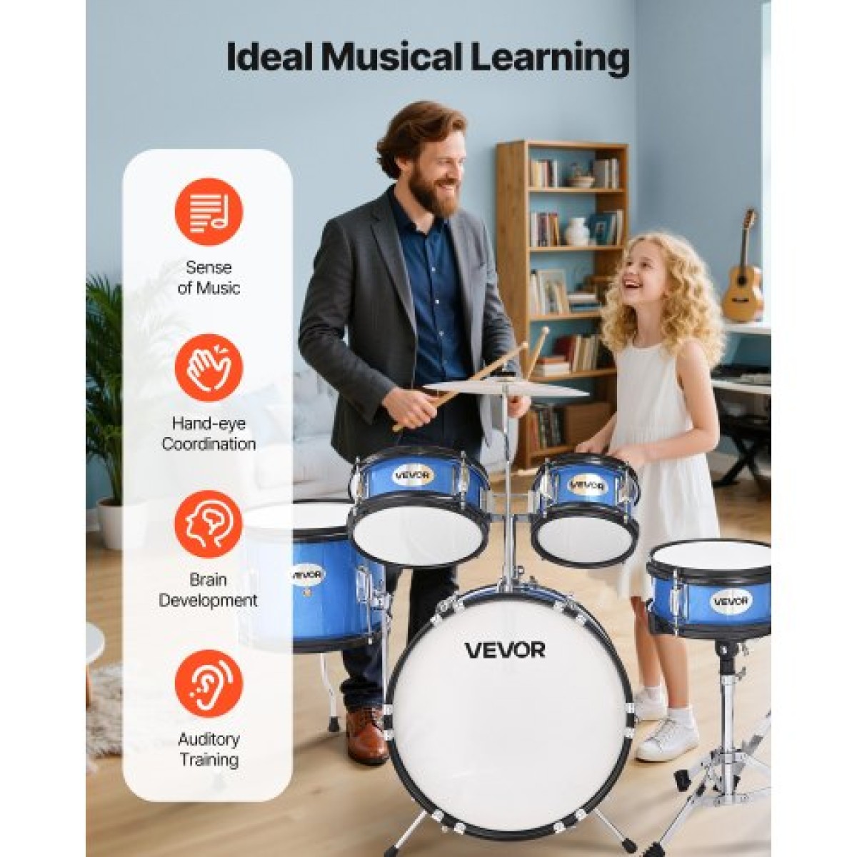 VEVOR Kids Drum Set, 5 τεμαχίων 14 ιντσών / 355,6 mm Junior Drum Set, Σετ τύμπανων για αρχάριους με ρυθμιζόμενο θρόνο και δύο ζευγάρια τύμπανα, κιτ οργάνων για τύμπανα μουσικής εκμάθησης, για παιδιά 6-13 ετών (Μπλε)