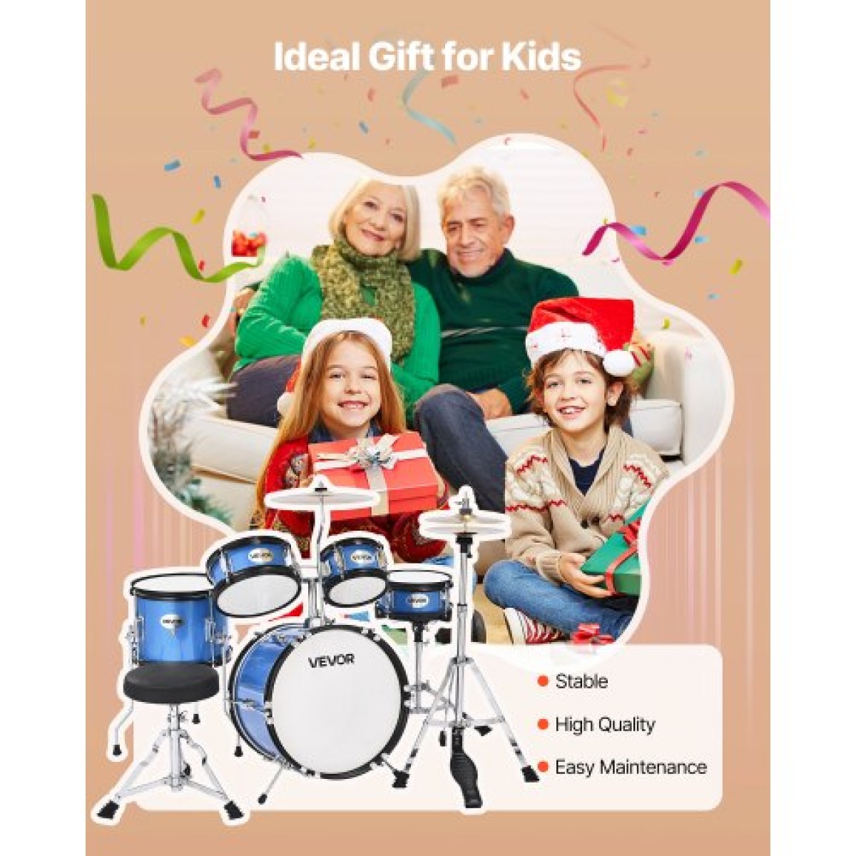 VEVOR Kids Drum Set, 5 τεμαχίων 14 ιντσών / 355,6 mm Junior Drum Set, Σετ τύμπανων για αρχάριους με ρυθμιζόμενο θρόνο και δύο ζευγάρια τύμπανα, κιτ οργάνων για τύμπανα μουσικής εκμάθησης, για παιδιά 6-13 ετών (Μπλε)