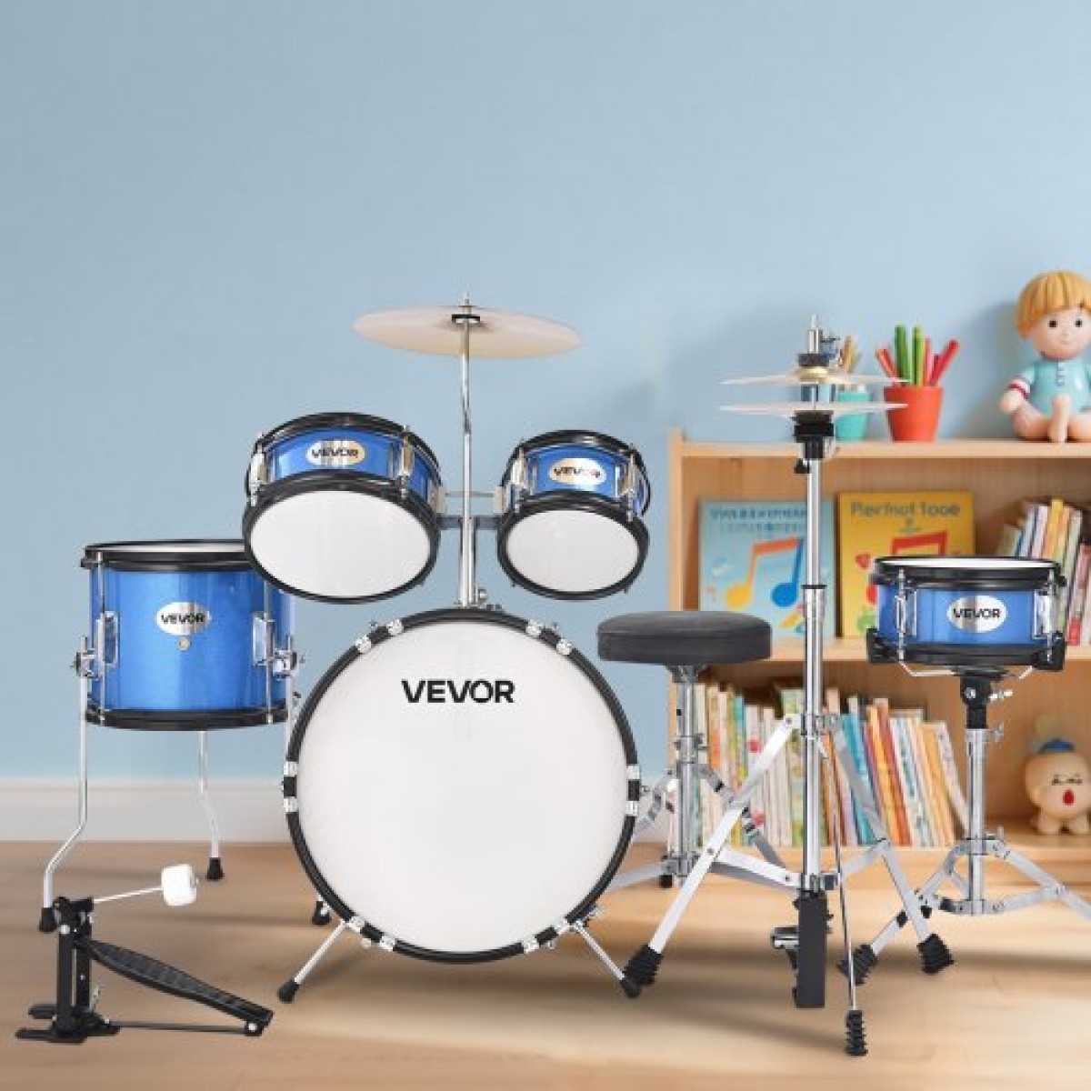 VEVOR Kids Drum Set, 5 τεμαχίων 14 ιντσών / 355,6 mm Junior Drum Set, Σετ τύμπανων για αρχάριους με ρυθμιζόμενο θρόνο και δύο ζευγάρια τύμπανα, κιτ οργάνων για τύμπανα μουσικής εκμάθησης, για παιδιά 6-13 ετών (Μπλε)
