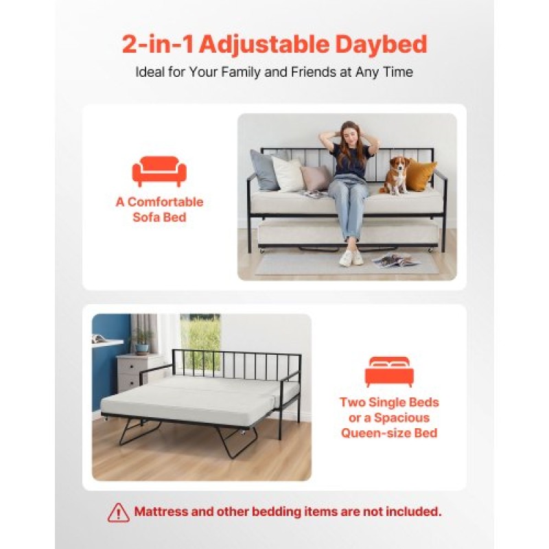 VEVOR Πλαίσιο daybed με διπλό μέγεθος, ρυθμιζόμενο ύψος κρεβατιού ημέρας με κορδόνι, βαρέως τύπου μεταλλικό σκελετό κρεβατιού με φως LED και σταθμό φόρτισης, διπλό κρεβάτι ημέρας με μεταλλικές τάπες για σαλόνι, υπνοδωμάτιο