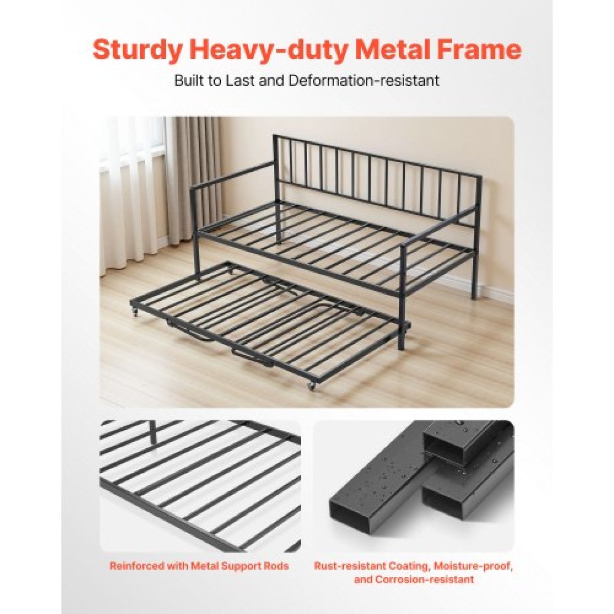 VEVOR Πλαίσιο daybed με διπλό μέγεθος, ρυθμιζόμενο ύψος κρεβατιού ημέρας με κορδόνι, βαρέως τύπου μεταλλικό σκελετό κρεβατιού με φως LED και σταθμό φόρτισης, διπλό κρεβάτι ημέρας με μεταλλικές τάπες για σαλόνι, υπνοδωμάτιο