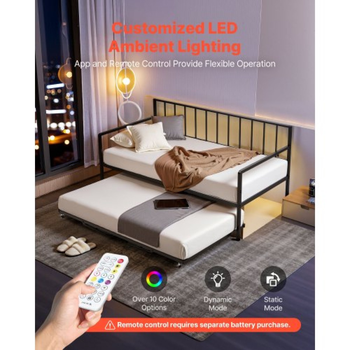 VEVOR Πλαίσιο daybed με διπλό μέγεθος, ρυθμιζόμενο ύψος κρεβατιού ημέρας με κορδόνι, βαρέως τύπου μεταλλικό σκελετό κρεβατιού με φως LED και σταθμό φόρτισης, διπλό κρεβάτι ημέρας με μεταλλικές τάπες για σαλόνι, υπνοδωμάτιο