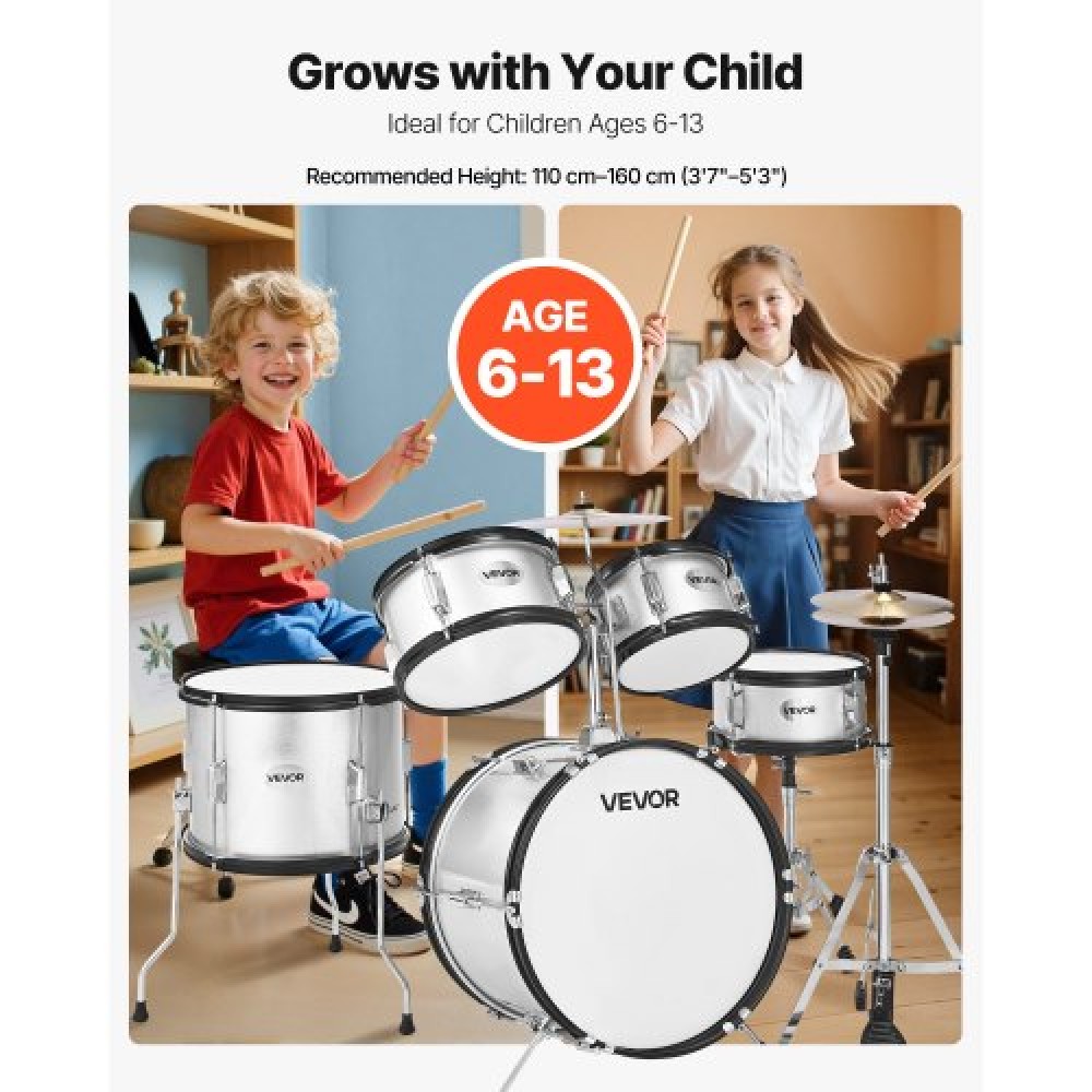 VEVOR Kids Drum Set, 5 τεμαχίων 16 ιντσών / 406,4 mm Junior Drum set, σετ τύμπανων για αρχάριους με ρυθμιζόμενο θρόνο και δύο ζευγάρια τύμπανα, κιτ οργάνων για τύμπανα μουσικής εκμάθησης, για παιδιά ηλικίας 6-13 (Ασημί)