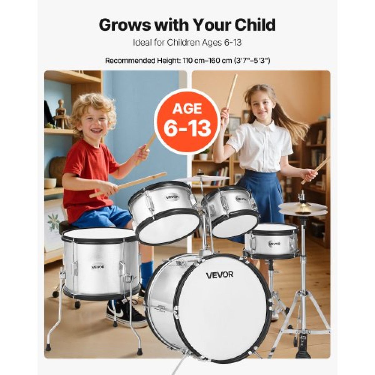 VEVOR Kids Drum Set, 5 τεμαχίων 16 ιντσών / 406,4 mm Junior Drum set, σετ τύμπανων για αρχάριους με ρυθμιζόμενο θρόνο και δύο ζευγάρια τύμπανα, κιτ οργάνων για τύμπανα μουσικής εκμάθησης, για παιδιά ηλικίας 6-13 (Ασημί)