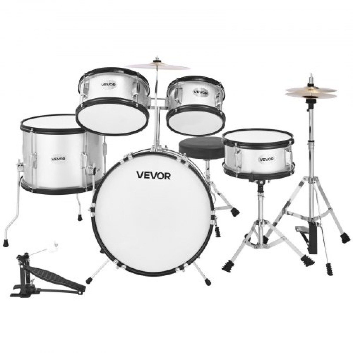 VEVOR Kids Drum Set, 5 τεμαχίων 16 ιντσών / 406,4 mm Junior Drum set, σετ τύμπανων για αρχάριους με ρυθμιζόμενο θρόνο και δύο ζευγάρια τύμπανα, κιτ οργάνων για τύμπανα μουσικής εκμάθησης, για παιδιά ηλικίας 6-13 (Ασημί)
