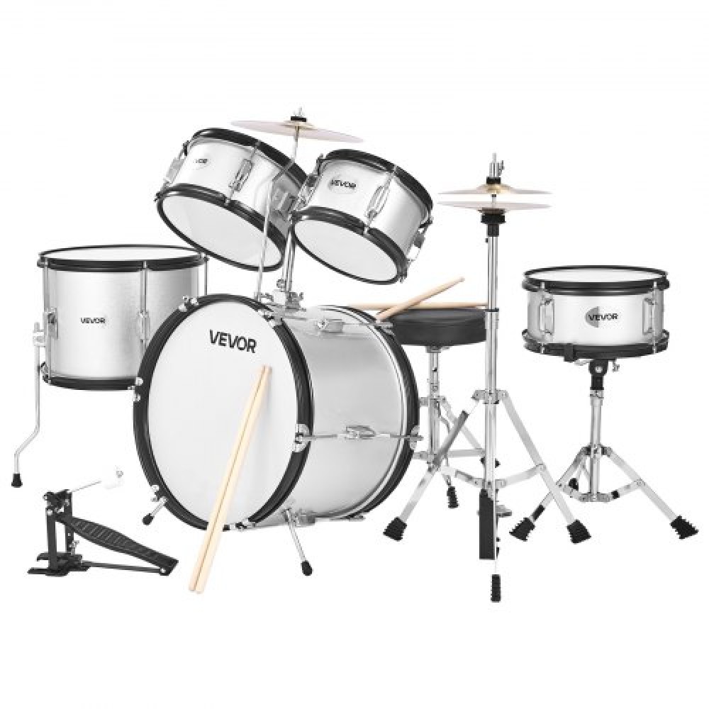VEVOR Kids Drum Set, 5 τεμαχίων 16 ιντσών / 406,4 mm Junior Drum set, σετ τύμπανων για αρχάριους με ρυθμιζόμενο θρόνο και δύο ζευγάρια τύμπανα, κιτ οργάνων για τύμπανα μουσικής εκμάθησης, για παιδιά ηλικίας 6-13 (Ασημί)