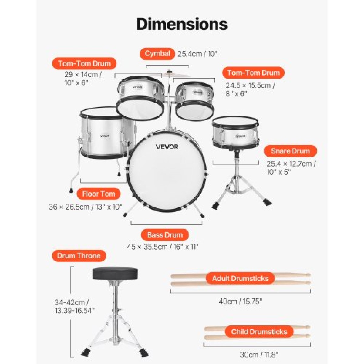 VEVOR Kids Drum Set, 5 τεμαχίων 16 ιντσών / 406,4 mm Junior Drum set, σετ τύμπανων για αρχάριους με ρυθμιζόμενο θρόνο και δύο ζευγάρια τύμπανα, κιτ οργάνων για τύμπανα μουσικής εκμάθησης, για παιδιά ηλικίας 6-13 (Ασημί)