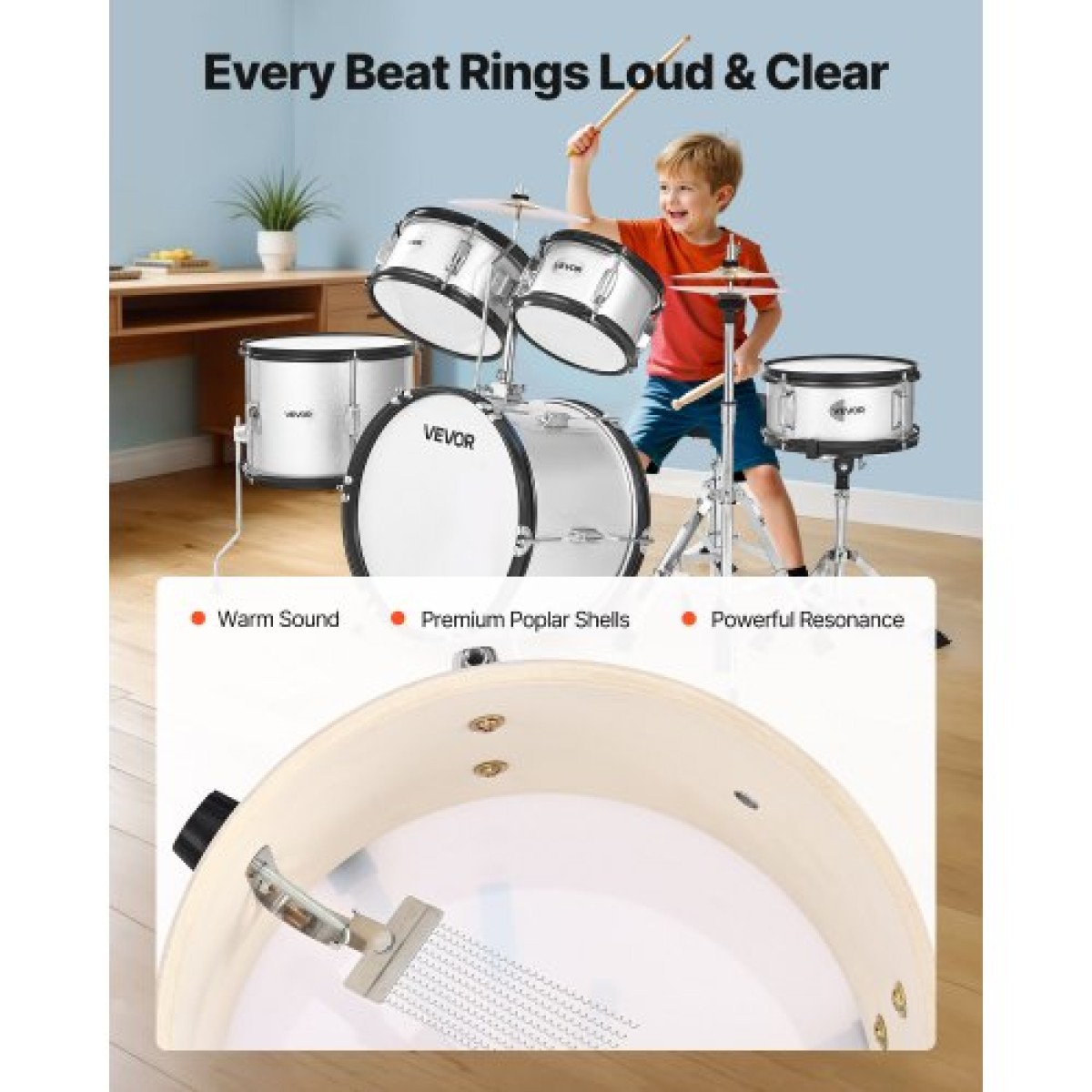 VEVOR Kids Drum Set, 5 τεμαχίων 16 ιντσών / 406,4 mm Junior Drum set, σετ τύμπανων για αρχάριους με ρυθμιζόμενο θρόνο και δύο ζευγάρια τύμπανα, κιτ οργάνων για τύμπανα μουσικής εκμάθησης, για παιδιά ηλικίας 6-13 (Ασημί)