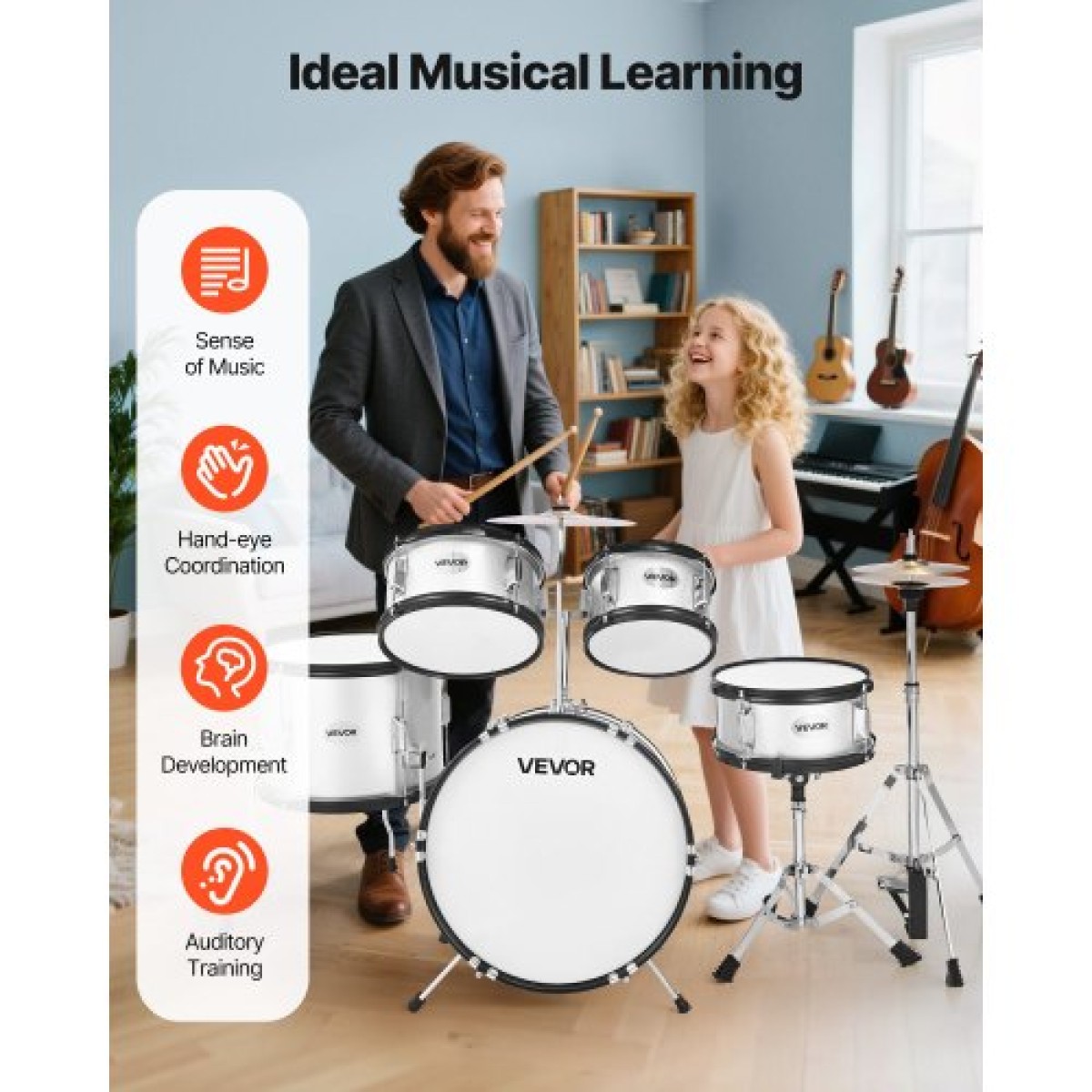 VEVOR Kids Drum Set, 5 τεμαχίων 16 ιντσών / 406,4 mm Junior Drum set, σετ τύμπανων για αρχάριους με ρυθμιζόμενο θρόνο και δύο ζευγάρια τύμπανα, κιτ οργάνων για τύμπανα μουσικής εκμάθησης, για παιδιά ηλικίας 6-13 (Ασημί)