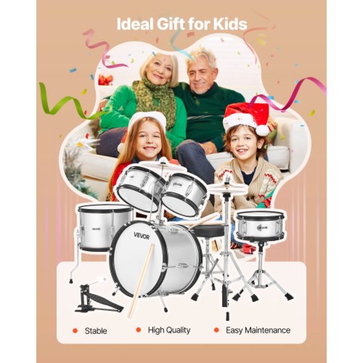 VEVOR Kids Drum Set, 5 τεμαχίων 16 ιντσών / 406,4 mm Junior Drum set, σετ τύμπανων για αρχάριους με ρυθμιζόμενο θρόνο και δύο ζευγάρια τύμπανα, κιτ οργάνων για τύμπανα μουσικής εκμάθησης, για παιδιά ηλικίας 6-13 (Ασημί)