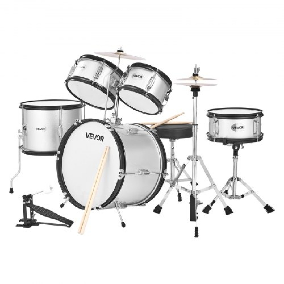 VEVOR Kids Drum Set, 5 τεμαχίων 16 ιντσών / 406,4 mm Junior Drum set, σετ τύμπανων για αρχάριους με ρυθμιζόμενο θρόνο και δύο ζευγάρια τύμπανα, κιτ οργάνων για τύμπανα μουσικής εκμάθησης, για παιδιά ηλικίας 6-13 (Ασημί)