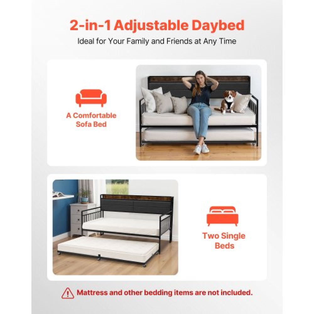 Πλαίσιο Daybed VEVOR Twin Size, Day Bed with Strend, Heavy Duty Metal Platform Rad Frame with Charging Station, Twin Day Bed with Metal Slats Support for Living Room, Υπνοδωμάτιο, Ξενώνας, Easy Assembly