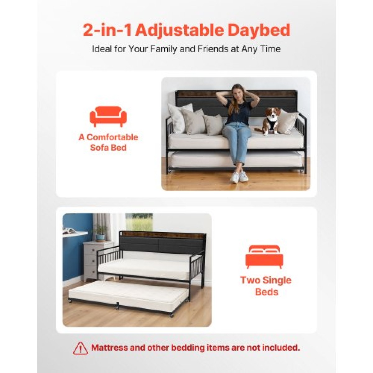 Πλαίσιο Daybed VEVOR Twin Size, Day Bed with Strend, Heavy Duty Metal Platform Rad Frame with Charging Station, Twin Day Bed with Metal Slats Support for Living Room, Υπνοδωμάτιο, Ξενώνας, Easy Assembly