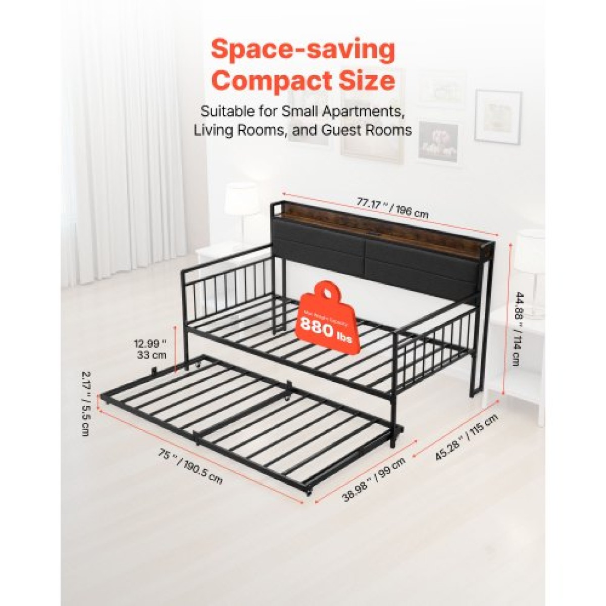 Πλαίσιο Daybed VEVOR Twin Size, Day Bed with Strend, Heavy Duty Metal Platform Rad Frame with Charging Station, Twin Day Bed with Metal Slats Support for Living Room, Υπνοδωμάτιο, Ξενώνας, Easy Assembly