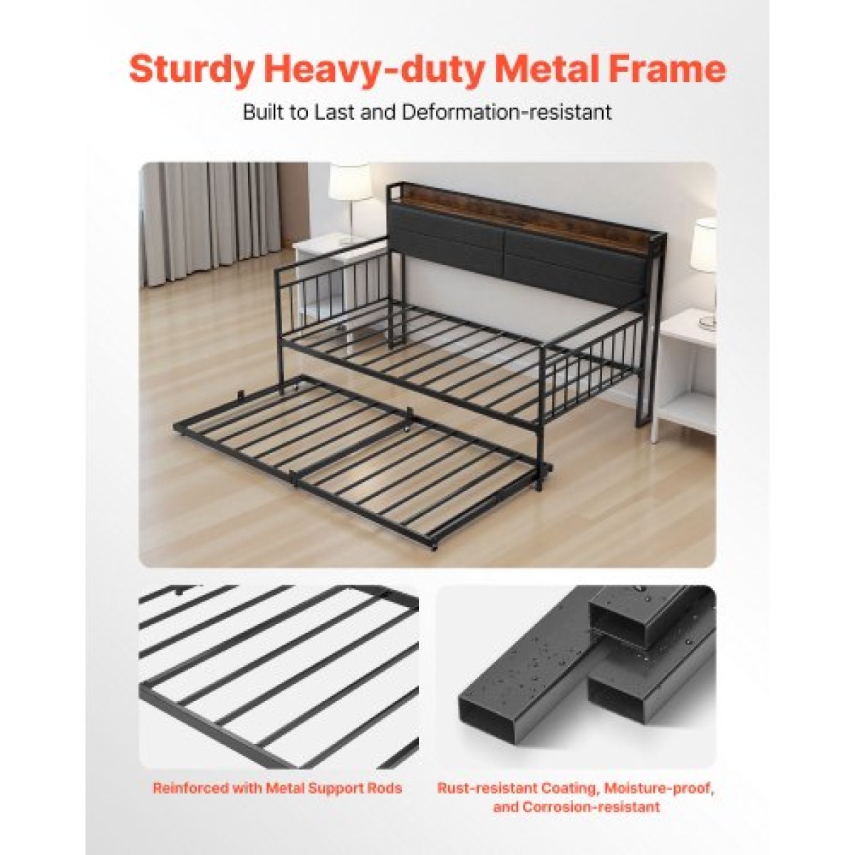 Πλαίσιο Daybed VEVOR Twin Size, Day Bed with Strend, Heavy Duty Metal Platform Rad Frame with Charging Station, Twin Day Bed with Metal Slats Support for Living Room, Υπνοδωμάτιο, Ξενώνας, Easy Assembly