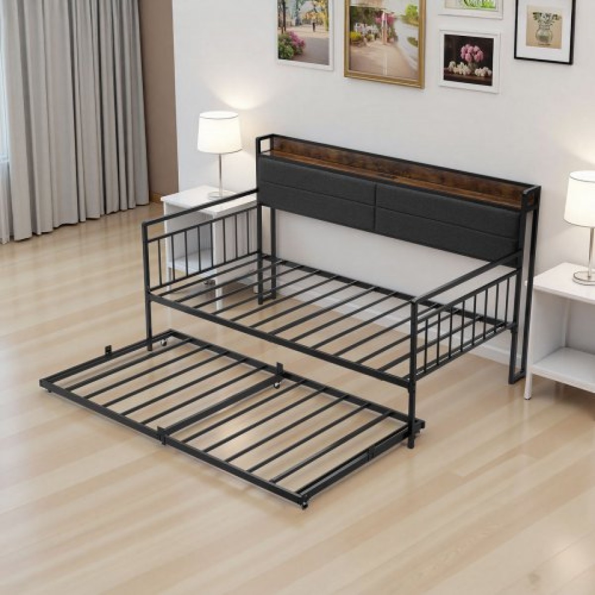 Πλαίσιο Daybed VEVOR Twin Size, Day Bed with Strend, Heavy Duty Metal Platform Rad Frame with Charging Station, Twin Day Bed with Metal Slats Support for Living Room, Υπνοδωμάτιο, Ξενώνας, Easy Assembly