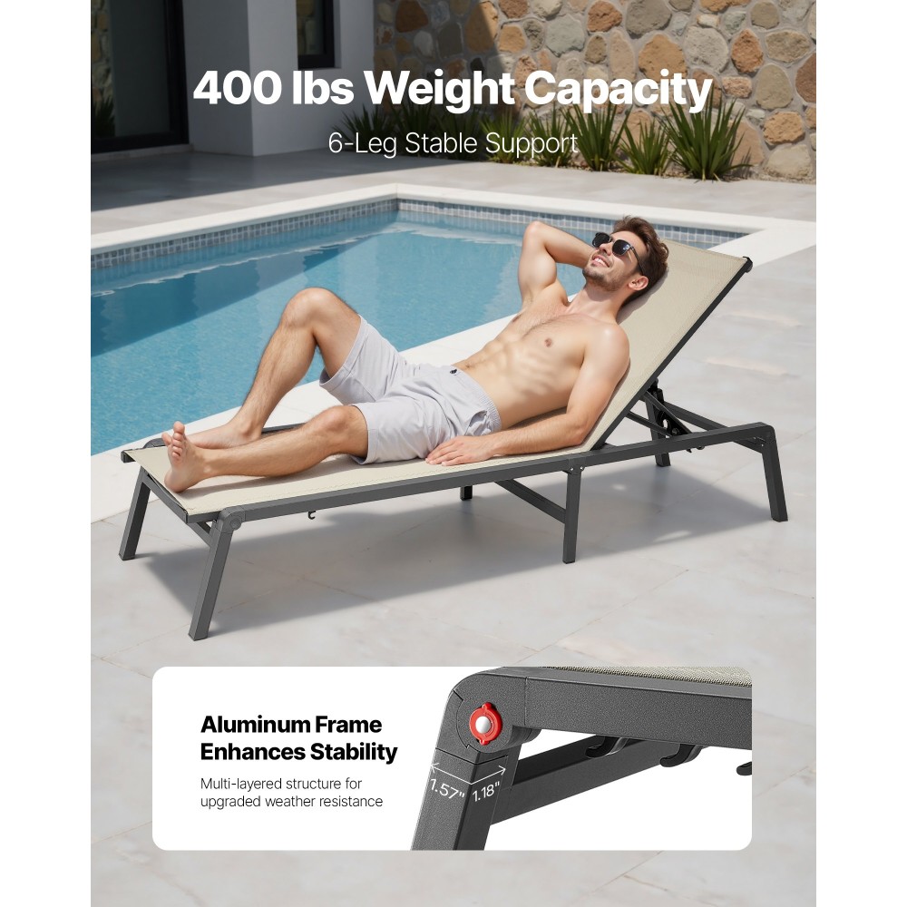 Πολυθρόνα VEVOR Outdoor Chaise Lounge, χωρητικότητας 181 κιλών, Αναδιπλούμενη καρέκλα μαυρίσματος, 5 ρυθμιζόμενες θέσεις, εύκολη συναρμολόγηση, βαρέως τύπου ξαπλώστρες αλουμινίου για ξαπλώστρες, για αίθριο παραλίας