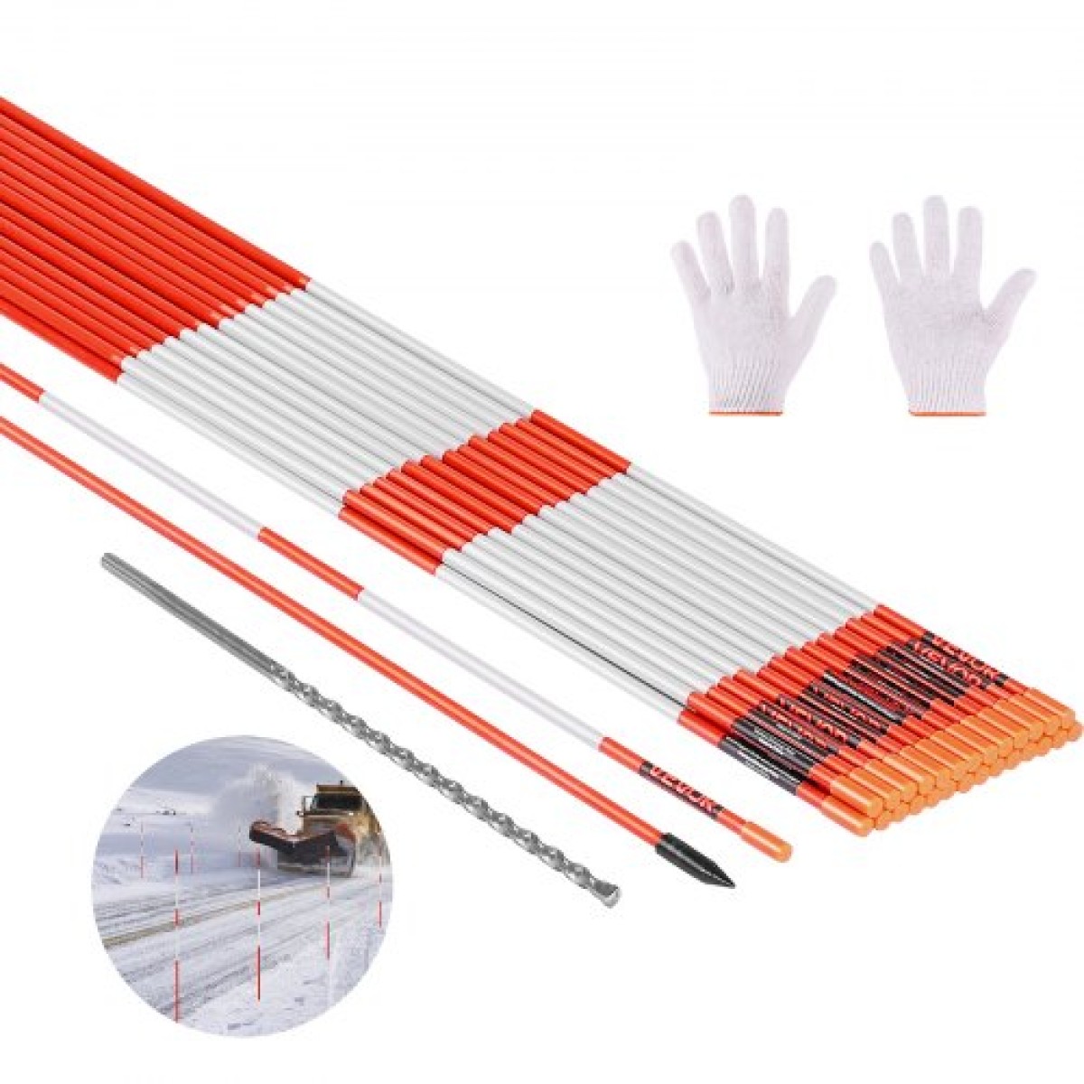 Μαρκαδόροι VEVOR Driveway, 200Pcs 122cm Μήκος 6,35mm, Ανακλαστήρες Hi-Visibility Driveway with 12 in Steel Drill Bits, Reflektive Snow Sticks Fiberglass Pole for Parking, Walkways, Snow Oring