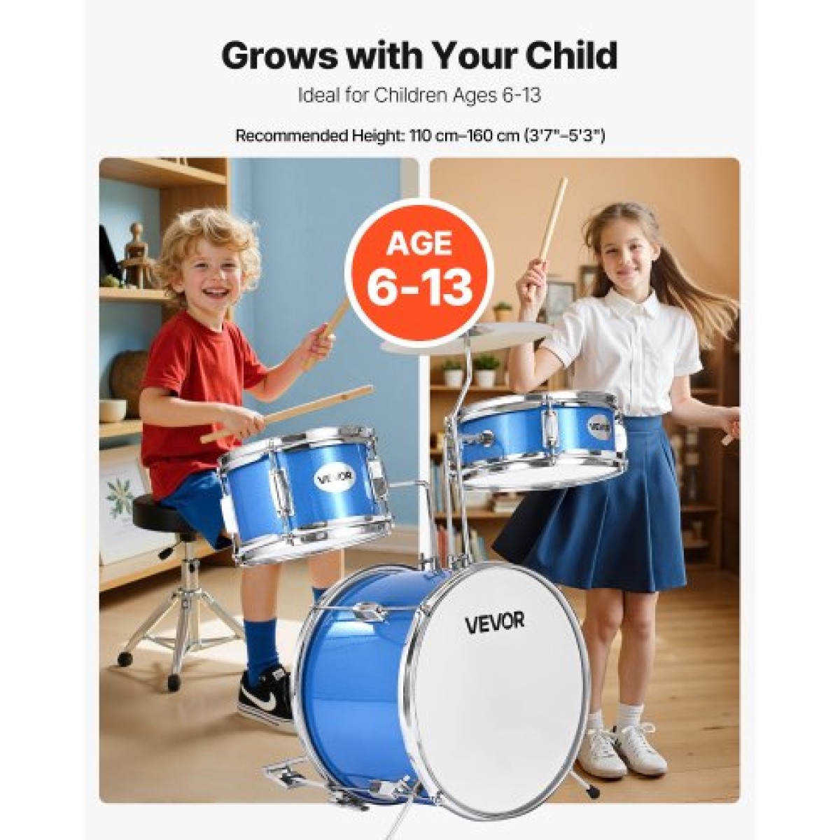 VEVOR Kids Drum Set, 3 τεμαχίων 14 ιντσών / 355,6 mm Junior Drum set, σετ τύμπανων για αρχάριους με ρυθμιζόμενο θρόνο και δύο ζευγάρια τύμπανα, κιτ οργάνων για τύμπανα μουσικής εκμάθησης, για παιδιά ηλικίας 6-13 (Μπλε)