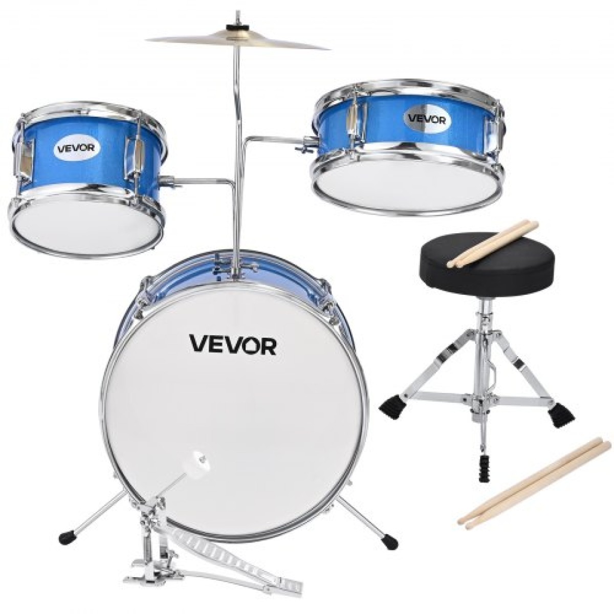 VEVOR Kids Drum Set, 3 τεμαχίων 14 ιντσών / 355,6 mm Junior Drum set, σετ τύμπανων για αρχάριους με ρυθμιζόμενο θρόνο και δύο ζευγάρια τύμπανα, κιτ οργάνων για τύμπανα μουσικής εκμάθησης, για παιδιά ηλικίας 6-13 (Μπλε)