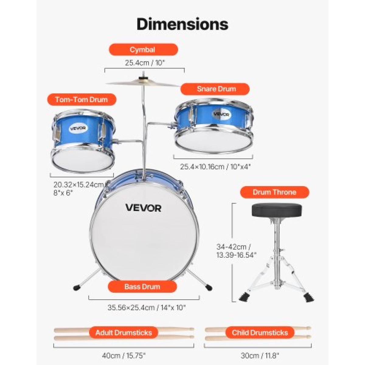 VEVOR Kids Drum Set, 3 τεμαχίων 14 ιντσών / 355,6 mm Junior Drum set, σετ τύμπανων για αρχάριους με ρυθμιζόμενο θρόνο και δύο ζευγάρια τύμπανα, κιτ οργάνων για τύμπανα μουσικής εκμάθησης, για παιδιά ηλικίας 6-13 (Μπλε)