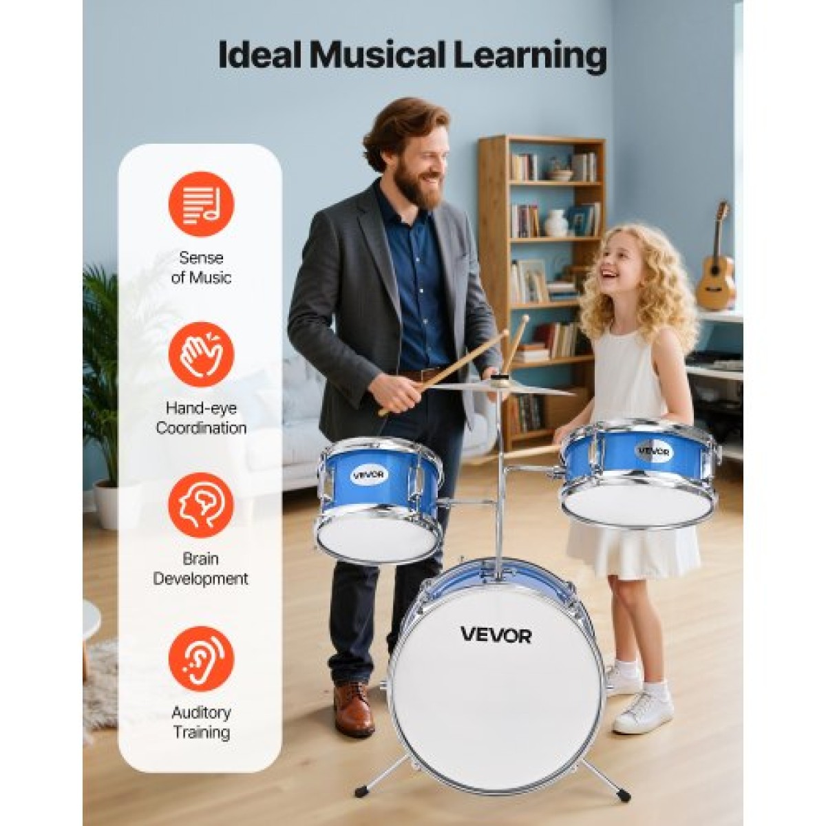 VEVOR Kids Drum Set, 3 τεμαχίων 14 ιντσών / 355,6 mm Junior Drum set, σετ τύμπανων για αρχάριους με ρυθμιζόμενο θρόνο και δύο ζευγάρια τύμπανα, κιτ οργάνων για τύμπανα μουσικής εκμάθησης, για παιδιά ηλικίας 6-13 (Μπλε)