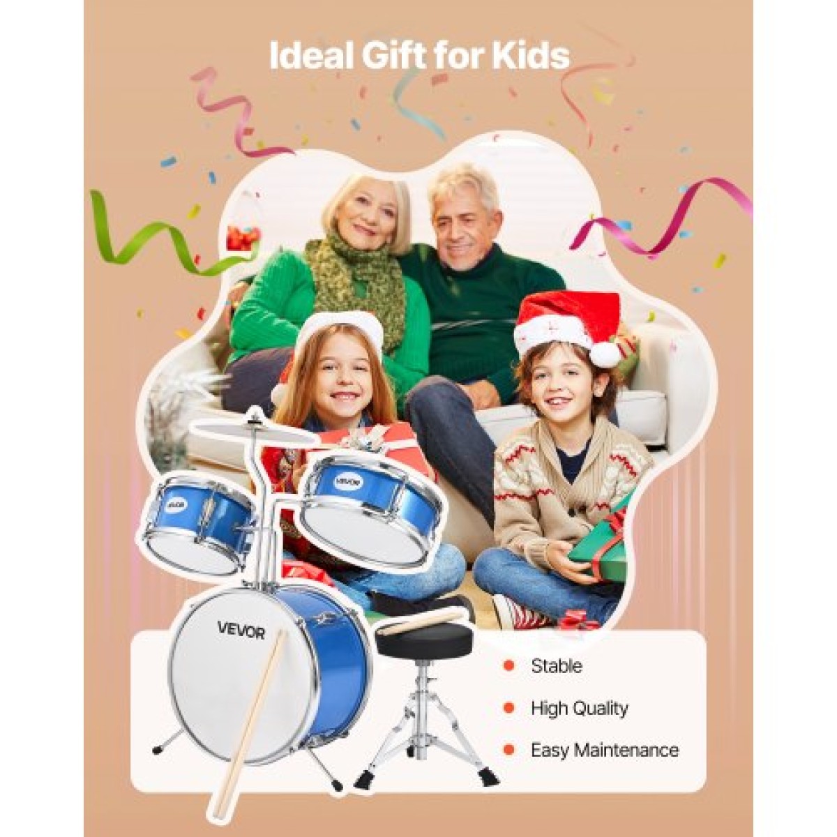VEVOR Kids Drum Set, 3 τεμαχίων 14 ιντσών / 355,6 mm Junior Drum set, σετ τύμπανων για αρχάριους με ρυθμιζόμενο θρόνο και δύο ζευγάρια τύμπανα, κιτ οργάνων για τύμπανα μουσικής εκμάθησης, για παιδιά ηλικίας 6-13 (Μπλε)