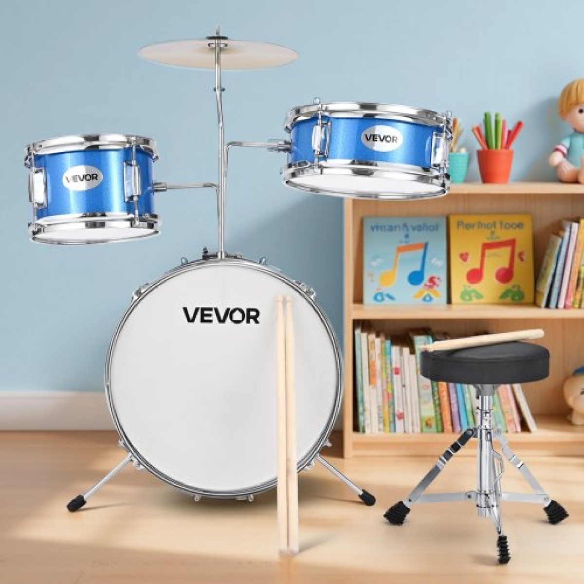 VEVOR Kids Drum Set, 3 τεμαχίων 14 ιντσών / 355,6 mm Junior Drum set, σετ τύμπανων για αρχάριους με ρυθμιζόμενο θρόνο και δύο ζευγάρια τύμπανα, κιτ οργάνων για τύμπανα μουσικής εκμάθησης, για παιδιά ηλικίας 6-13 (Μπλε)
