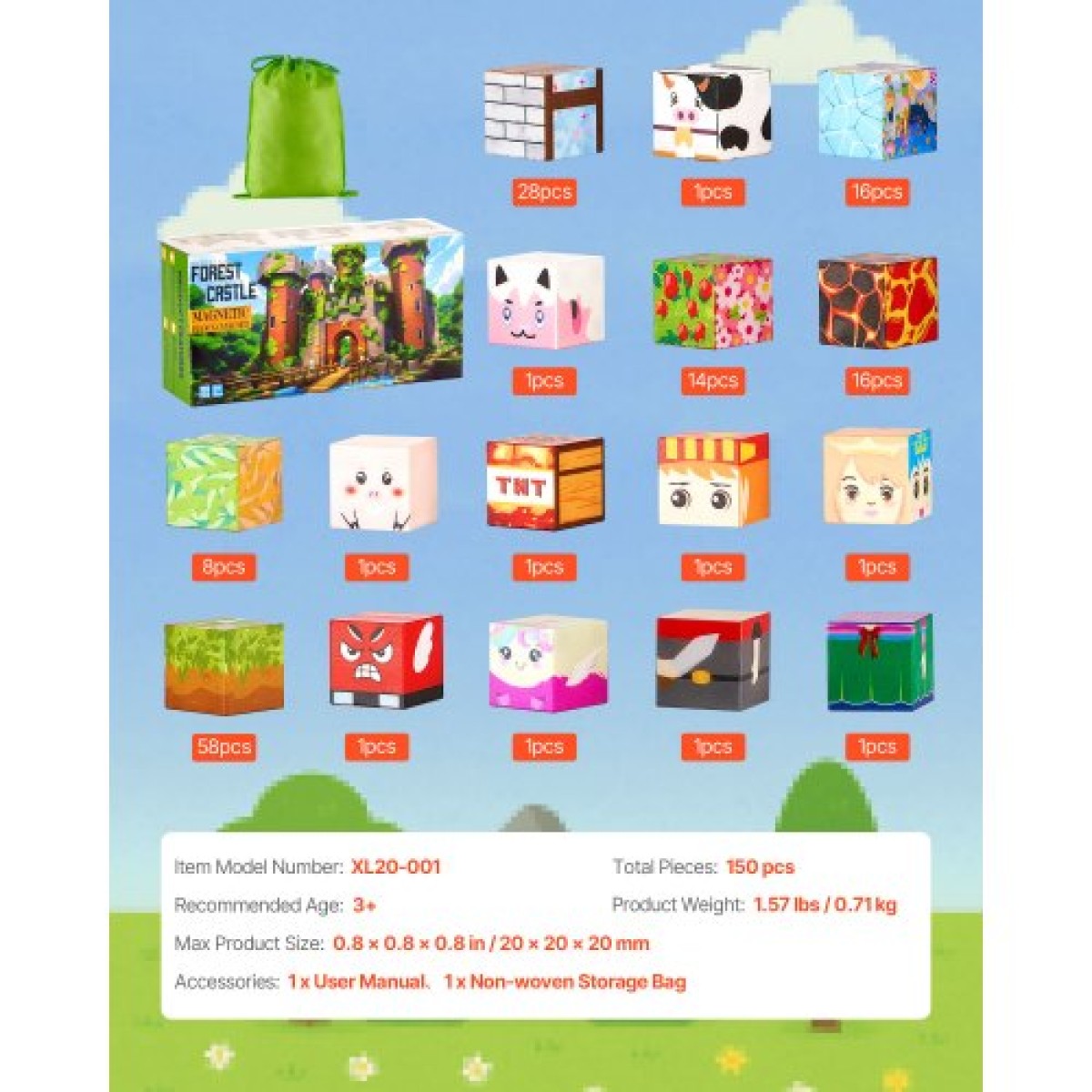 VEVOR Magnetic Blocks, Σετ Forest Castle 150 τμχ, Μαγνητικοι κύβοι κτιρίου για παιδιά, STEM Montessori Sensory Toys για Χριστουγεννιάτικο δώρο γενεθλίων, Κατασκευαστικό παιχνίδι στοίβαξης για αγόρια και κορίτσια 3+ ετών