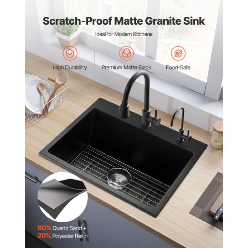 Σταθμός εργασίας νεροχύτη κουζίνας VEVOR 63 cm, νεροχύτες γρανίτη Top Mount, Λεκάνη αγροικίας με μονό μπολ με πολλά εξαρτήματα, νεροχύτες οικιακού πλυντηρίου πιάτων για RV, Prep Kitchen και Bar (Μαύρο)