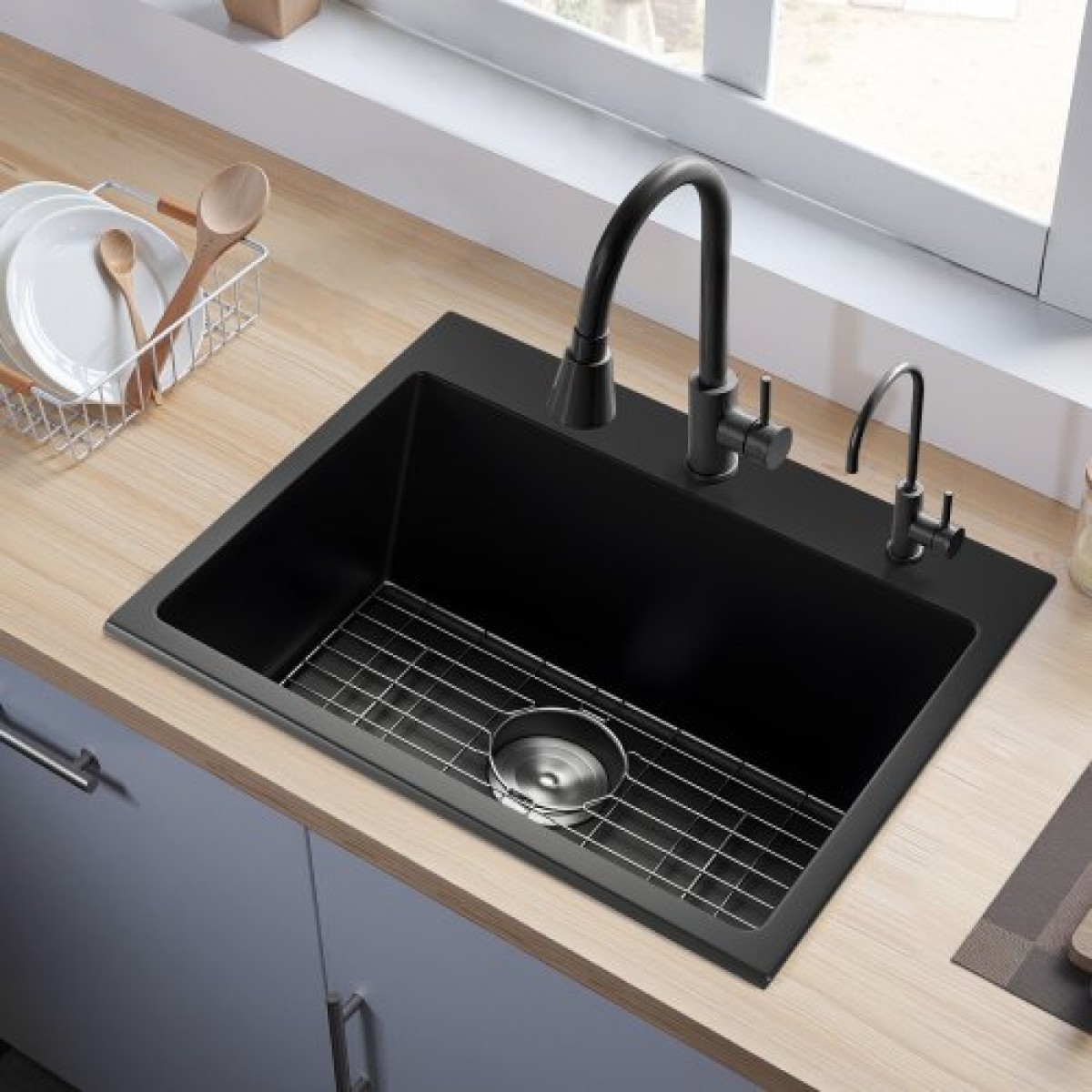 Σταθμός εργασίας νεροχύτη κουζίνας VEVOR 63 cm, νεροχύτες γρανίτη Top Mount, Λεκάνη αγροικίας με μονό μπολ με πολλά εξαρτήματα, νεροχύτες οικιακού πλυντηρίου πιάτων για RV, Prep Kitchen και Bar (Μαύρο)
