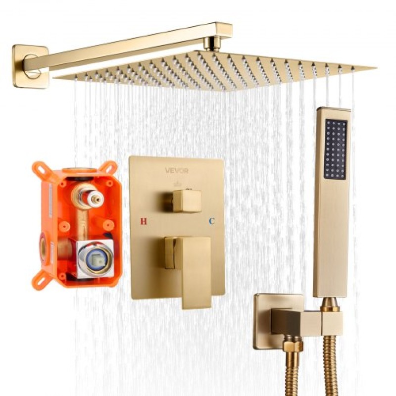 VEVOR Shower Faucet Set 12" Square Rain Shower Head and Hand Set Brushed Gold
